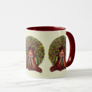 Caneca Art nouveau deco elegante mulher, penas de pavão