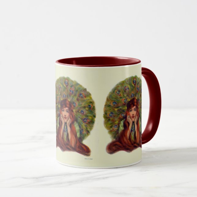 Caneca Art nouveau deco elegante mulher, penas de pavão (Frente Esquerda)
