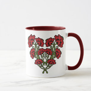 Caneca Art Nouveau Flor Coração Vermelho Dois Tons Coffee