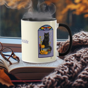 Caneca Art Nouveau Gato Preto Abóbora Roxo Outono Amarelo