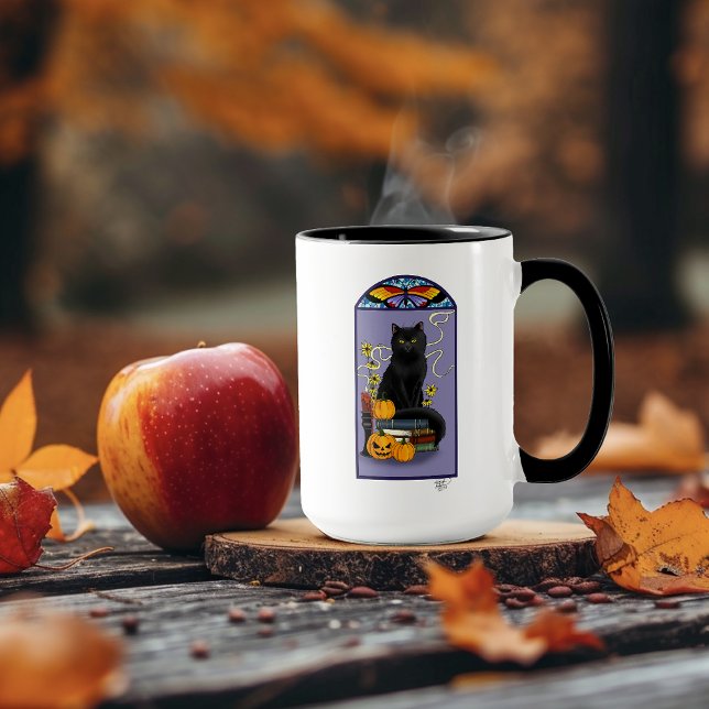 Caneca Art Nouveau Gato Preto Abóbora Roxo Outono Amarelo (Criador carregado)