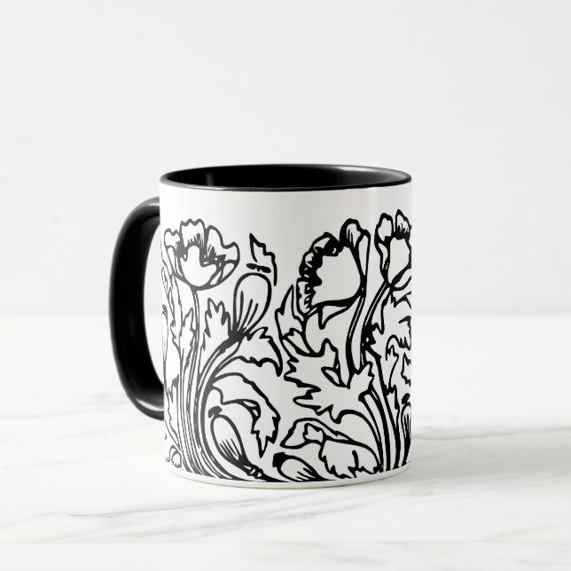 Caneca Art nouveau papoila escura floral branca elegante (Frente Esquerda)