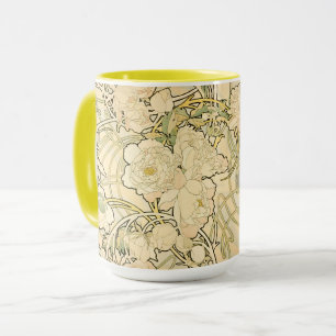 Caneca Arte Antiga Modernista Mucha Padrão Floral Peônias