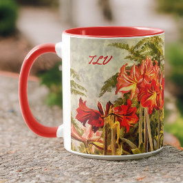 Caneca Arte Botânica de Amaryllis Vermelha - Iniciais de