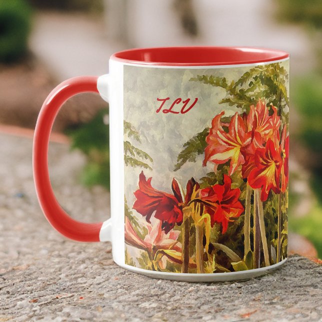 Caneca Arte Botânica de Amaryllis Vermelha - Iniciais de  (Criador carregado)