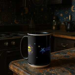 Caneca Arte Celestial Retro Sol Lua Estrelas Planeta Come