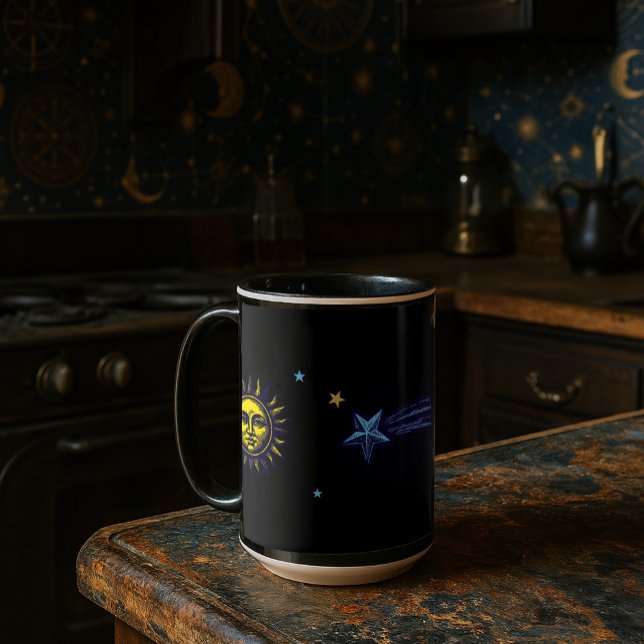 Caneca Arte Celestial Retro Sol Lua Estrelas Planeta Come (Criador carregado)