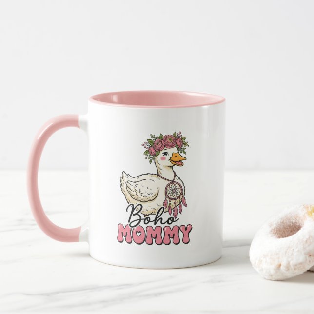 Caneca Arte com palavras de Mamãe Boho Fofa ganso (Com Donut)