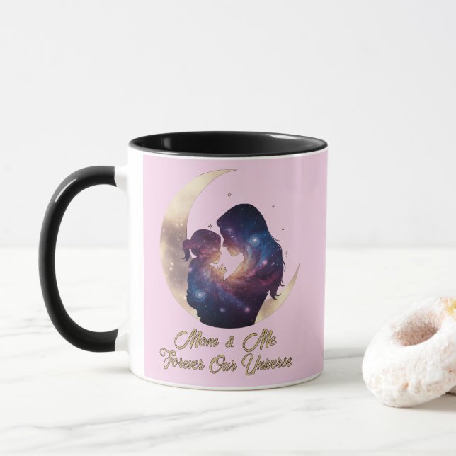 Caneca Arte da Lua com Silhueta da Galáxia de Mãe e Filho (Com Donut)