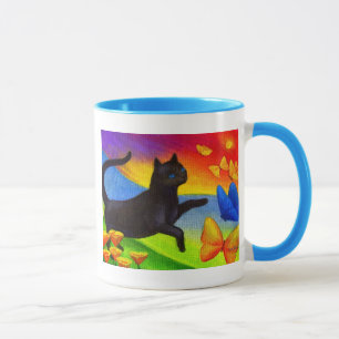 Caneca Arte das borboletas da pintura do gato preto -