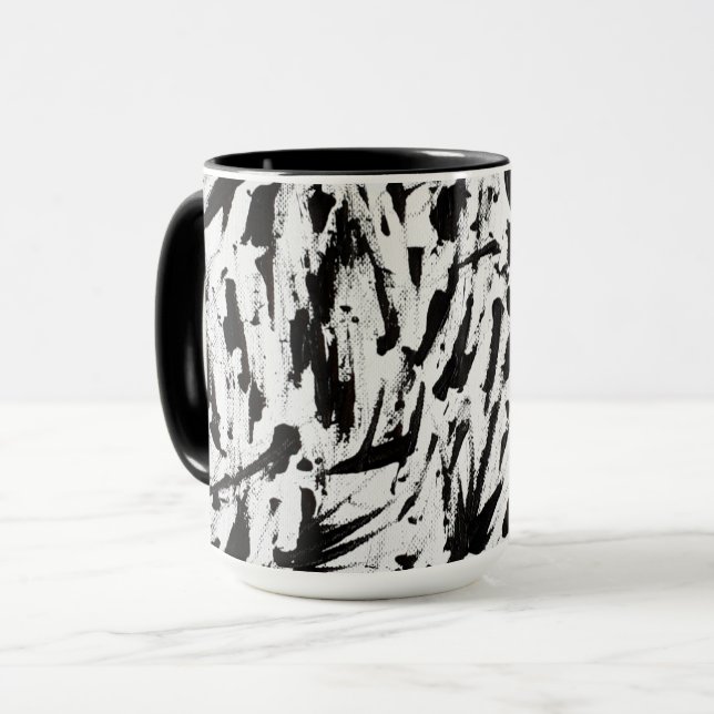 Caneca Arte de Brushstrokes Abstrato preto e branco (Frente Esquerda)