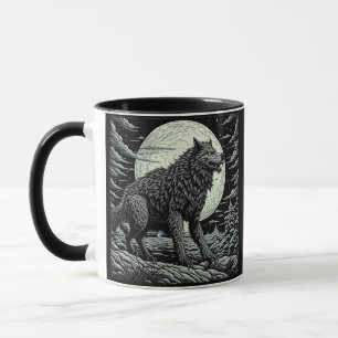 Caneca Arte de IA de lobisomem vintage preto e branco