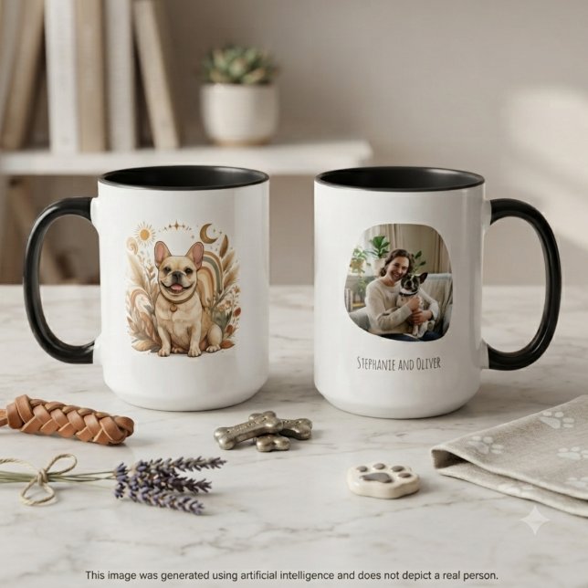 Caneca Arte de Mãe de Bulldog Francês Boho (A whimsical French Bulldog illustration on a mug, a heartfelt gift for a dog mom’s birthday.)