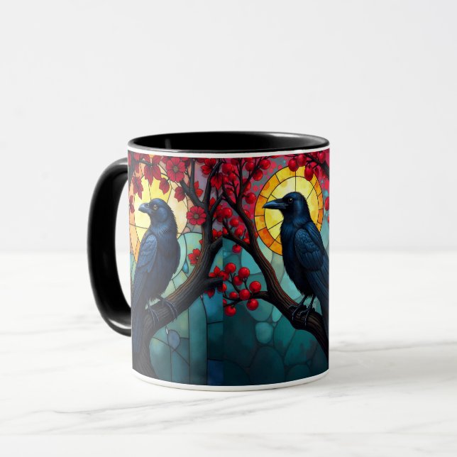 Caneca Arte De Pássaros Vidro Estido Ravens-Crows (Frente Esquerda)