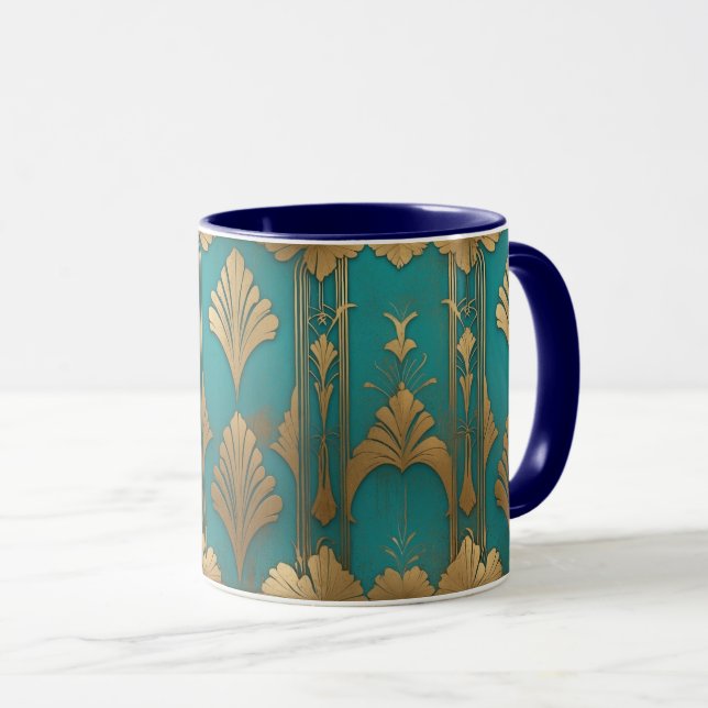 Caneca Arte Deco Em Azul E Dourado (Frente Esquerda)
