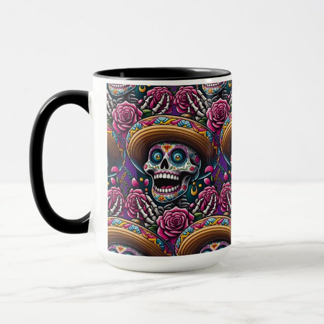 Caneca Arte do crânio do açúcar - Esqueleto Rosas Sombrer (Esquerda)