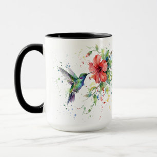 Caneca Arte Floral em Aquarela de Beija-flor Colorido da 