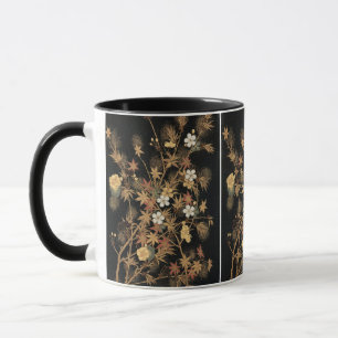 Caneca Arte Floral Outonal em Preto e Dourado Japonês Vin