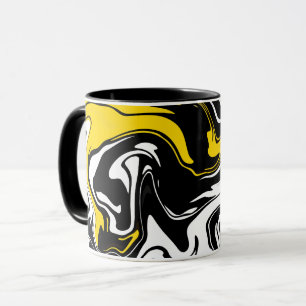 Caneca Arte Fluida Abstrata com preto, branco e amarelo
