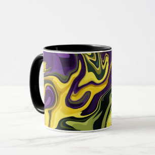Caneca Arte Fluido Abstrato Amarelo, Roxo e Verde 