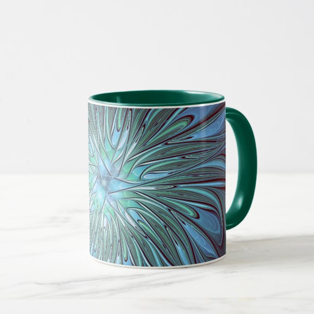Caneca Arte Fractal de Flor Azul Moderno, Abstrato Trendy (Frente Esquerda)