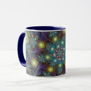 Caneca Arte fractal roxa teal brilhante abstrata iluminad