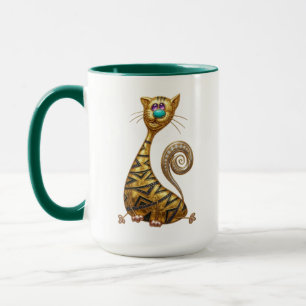 Caneca Arte Geométrica de Gato Dourado Deco Gatinho Arte