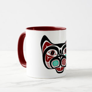 Caneca Arte Haida Vermelho Preto Verde Gato Ameríndio