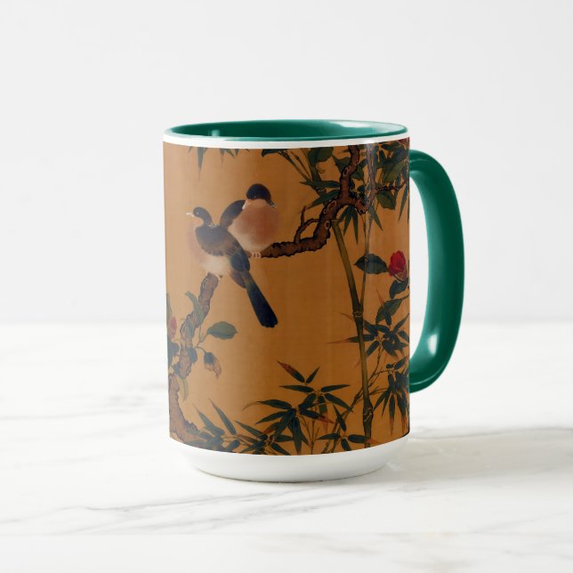 Caneca Arte Japonês Antigo: Bambu, Pássaros e Camélias (Frente Esquerda)