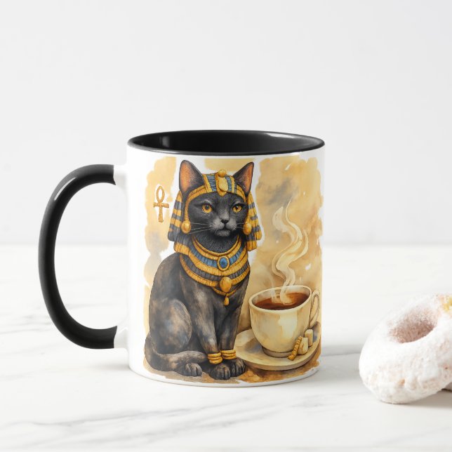 Caneca Arte Mística do Gato do Antigo Egito Bastet (Com Donut)