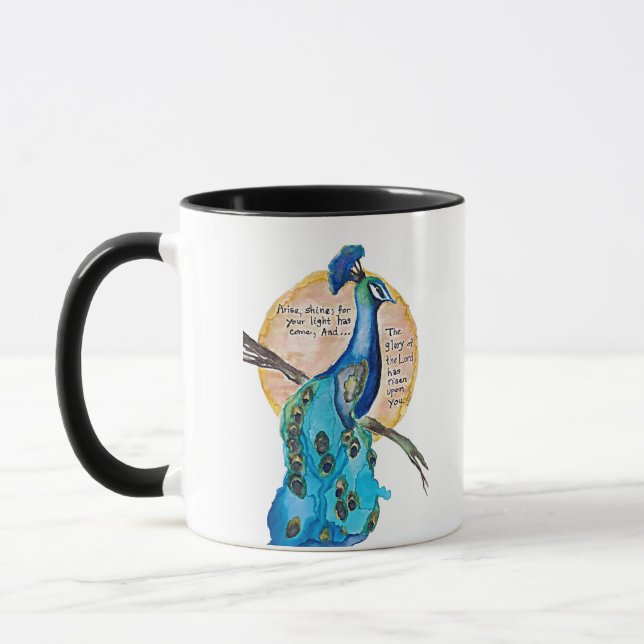 Caneca Arte Peacock Shine, sem fundo, com Isaías 60:1 (Esquerda)