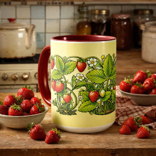Caneca Arte Retro Art Nouveau de Morangos com Flores