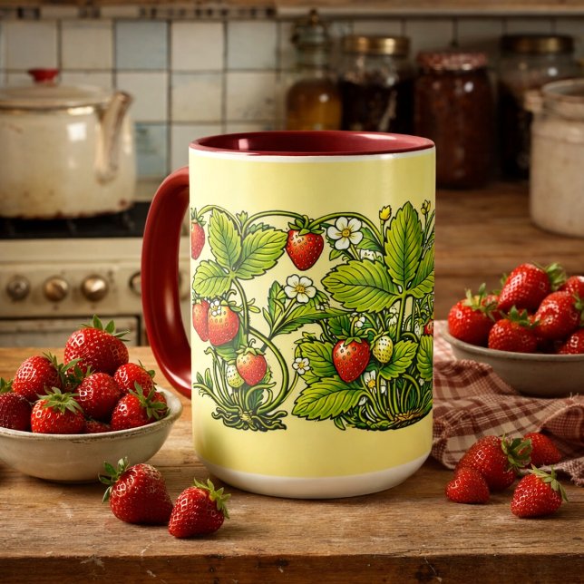 Caneca Arte Retro Art Nouveau de Morangos com Flores (Criador carregado)