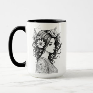 Caneca Arte Romântica Floral Feminina em Linhas