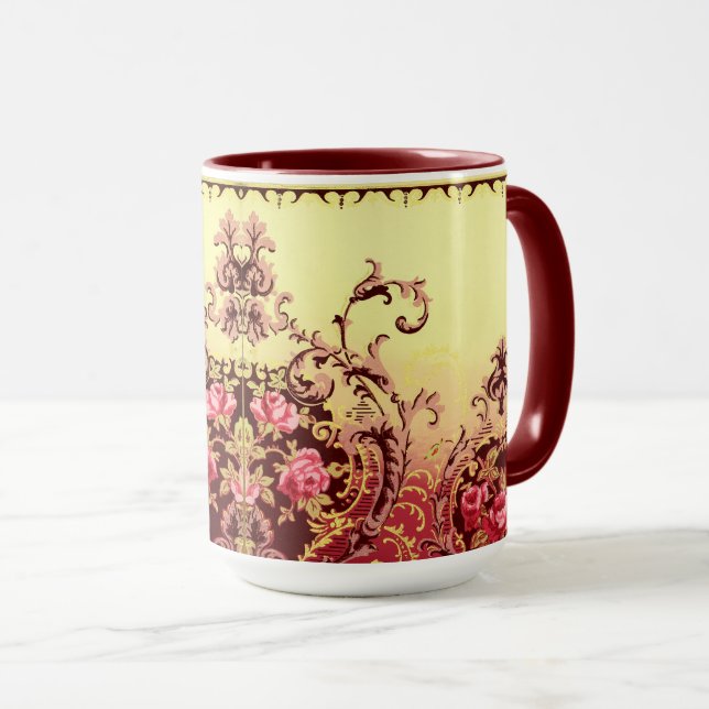 Caneca arte têxtil vitoriano rosa floral elegante vermelh (Frente Esquerda)