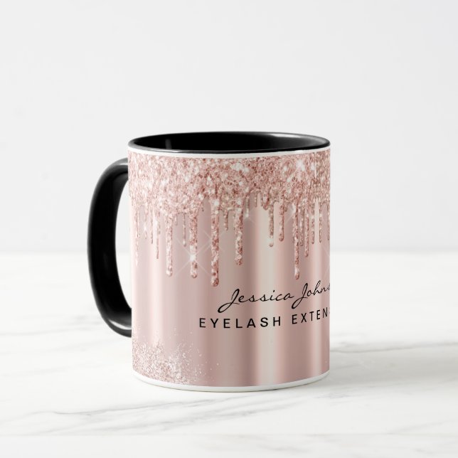 Caneca Artista de Maquiagem Rose Gold Glitter Drips Perso (Frente Esquerda)