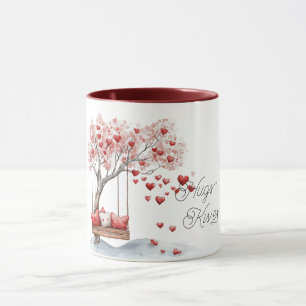 Caneca Árvore de Corações Vermelhos Balanço Abraços Beijo