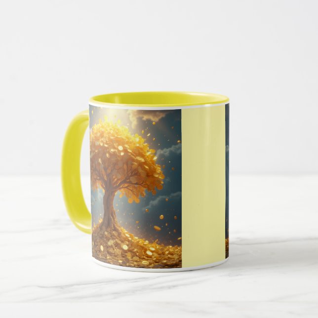 Caneca árvore de dinheiro dourado moedas de ouro (Frente Esquerda)