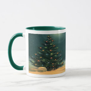 Caneca Árvore de natais vintages à noite com luzes