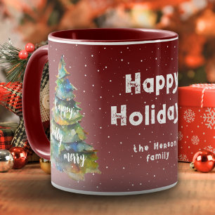 Caneca Árvore de Natal Aquarela Família Alegre Feliz