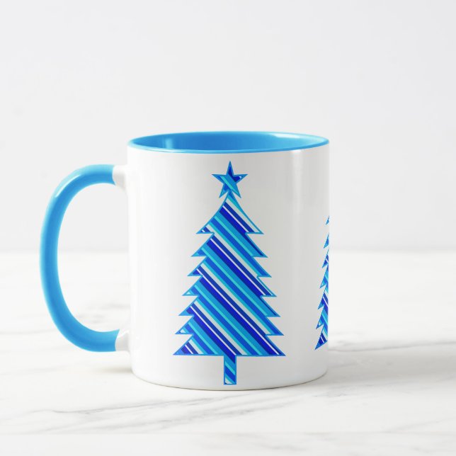 Caneca Árvore de Natal Blue and Turquoise Stripes (Esquerda)