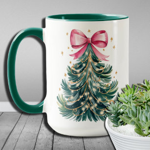 Caneca Árvore de Natal Brilho Laço Coquete Aquarela