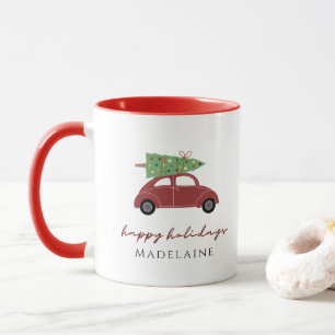 Caneca Árvore de Natal Carro Vermelho Seu Nome Feliz Fé