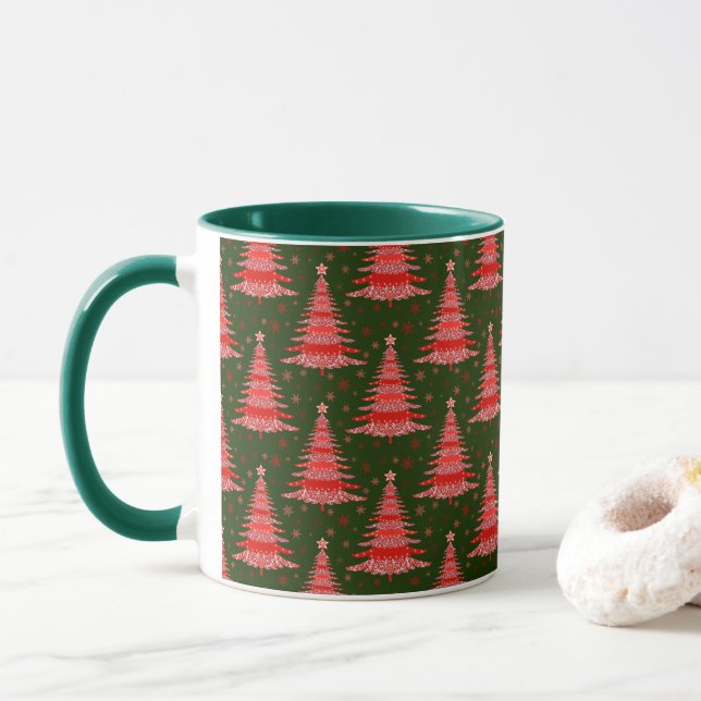 Caneca Árvore de Natal - Design do padrão verde vermelho (Com Donut)