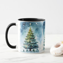 Caneca Árvore de Natal em Aquarela Paisagem de Inverno Na