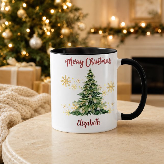 Caneca Árvore de Natal em Aquarela Personalizada com Nome (Criador carregado)