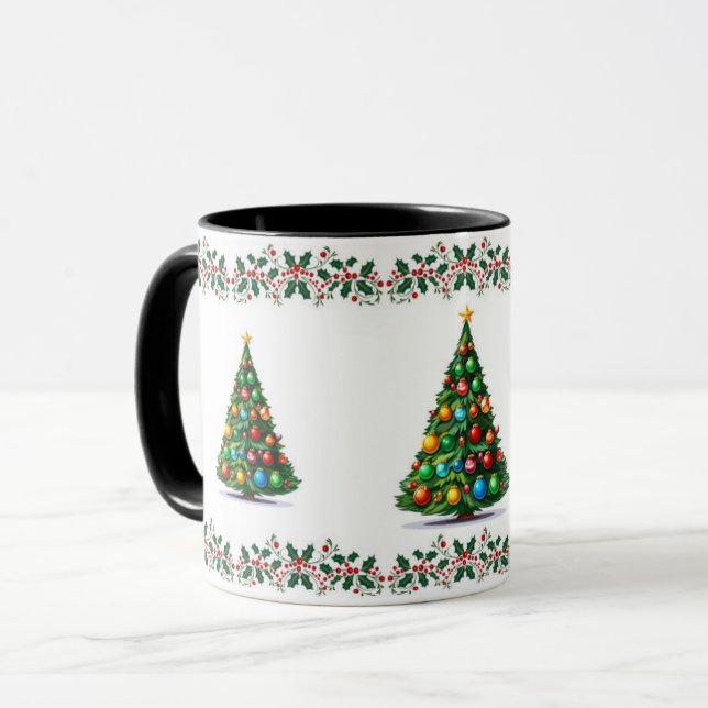 Caneca Árvore de Natal Festiva Holly Rustic (Frente Esquerda)