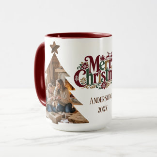 Caneca Árvore de Natal Moderna Personalizada com 2 Fotos