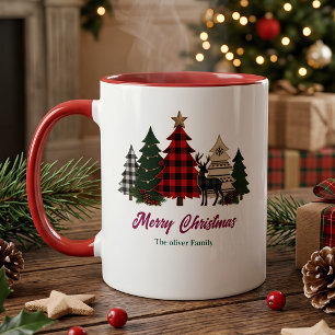 Caneca Árvore de Natal Xadrez Búfalo Rústico Nome da Famí