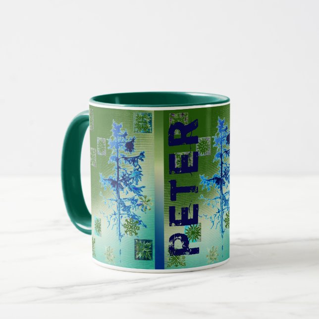 Caneca Árvore e Flocos de neve e seu nome (Frente Esquerda)